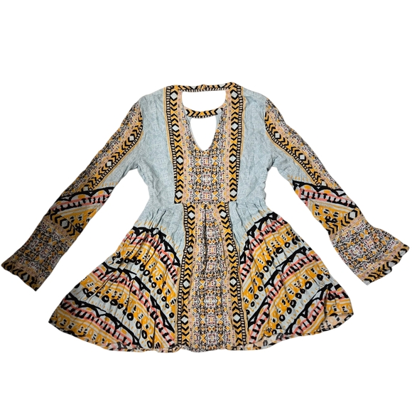 Free People Tegan Border Printed Long Sleeve Mini Dress in Blue Combo - Picture 4 of 6